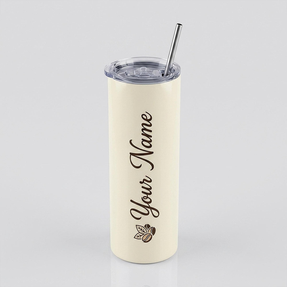 Personalised 20oz skinny insulated tumbler with flip-top lid and steel straw