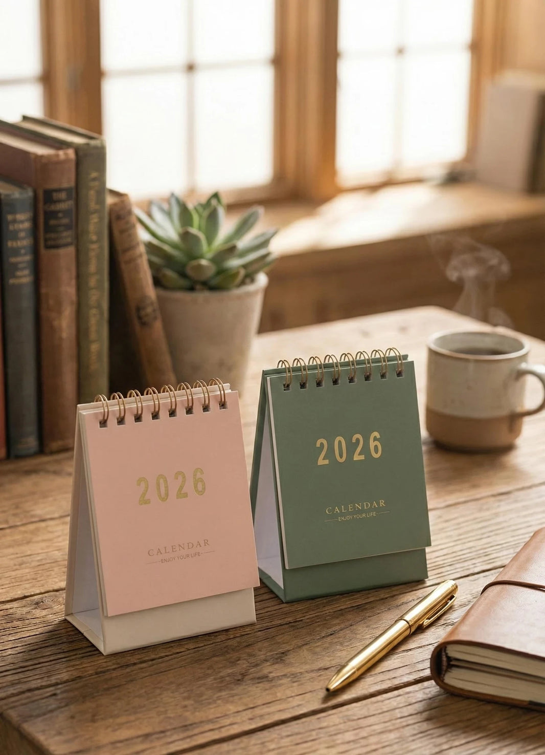 Gold Foil Lettering Sage Green or Blush Pink themed 2026 Mini Desk Calendar