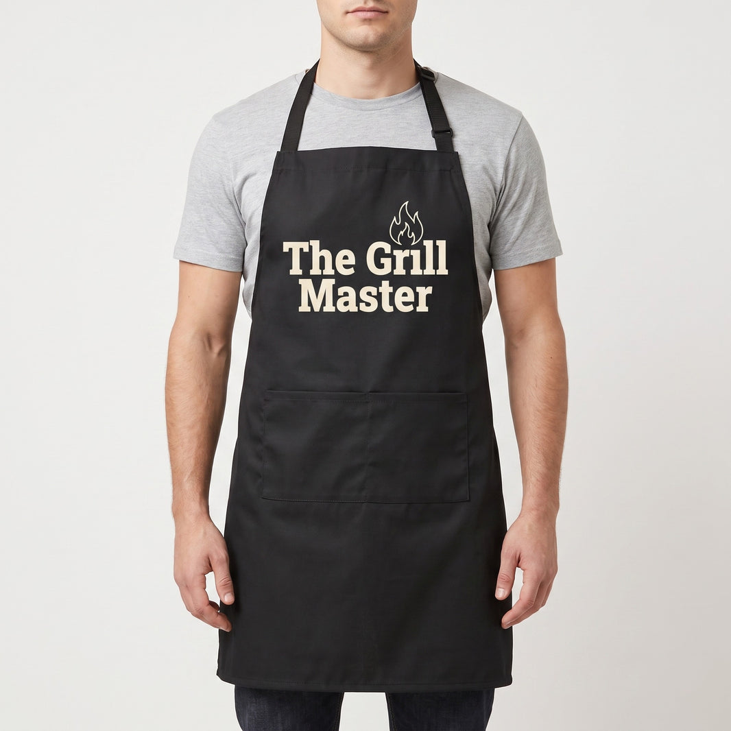 Personalised black apron UK - The Grill Master custom print on adjustable polyester BBQ apron
