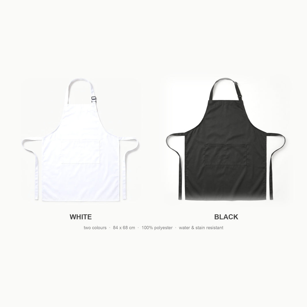 Personalised apron colour options - white and black 100 percent polyester aprons, 84 x 68 cm