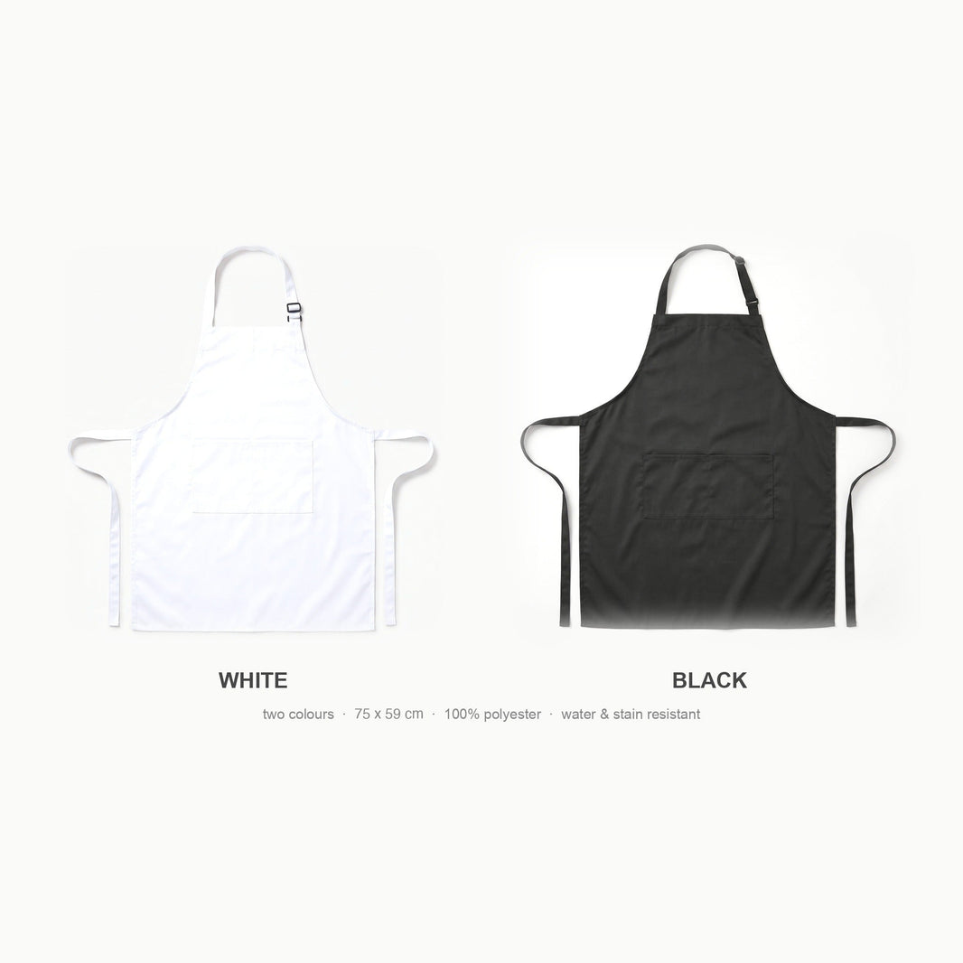 Personalised apron colour options — white and black polyester aprons, 75 x 59 cm