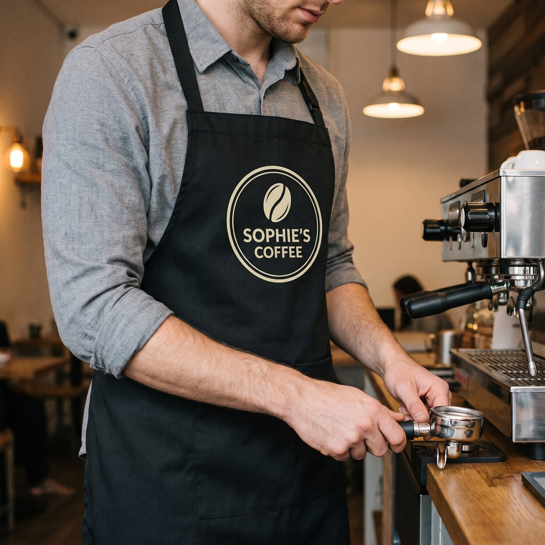 Barista wearing a branded black apron with a custom cafe logo - business and staff uniform apron