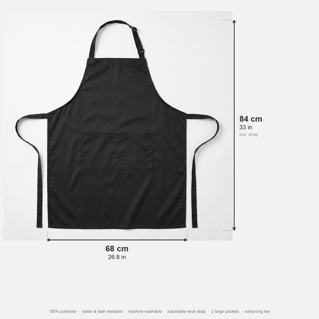 Apron size guide - 84 cm tall including strap by 68 cm wide, 100 percent polyester, water resistant, machine washable