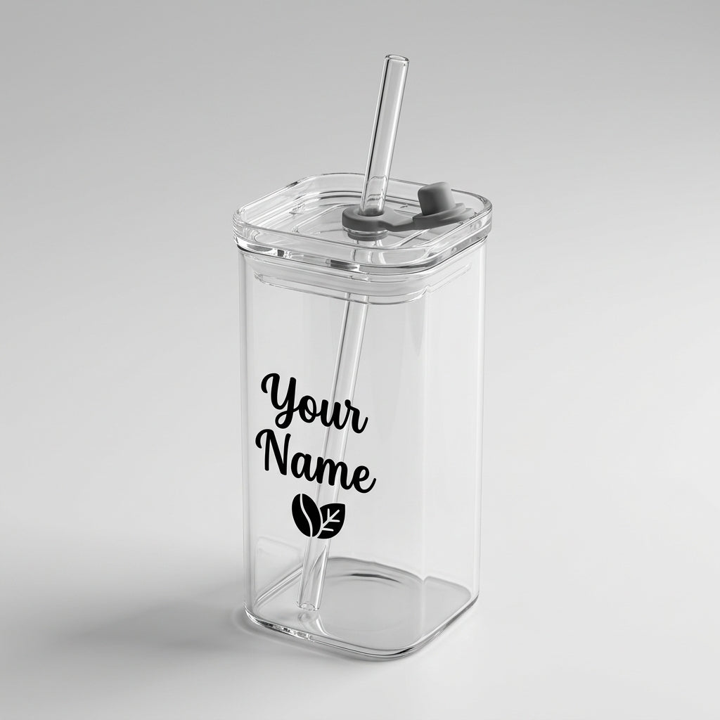 Personalised Square Iced Coffee Glass | 13oz Borosilicate Tumbler with Lid & Straw - Laren Craft