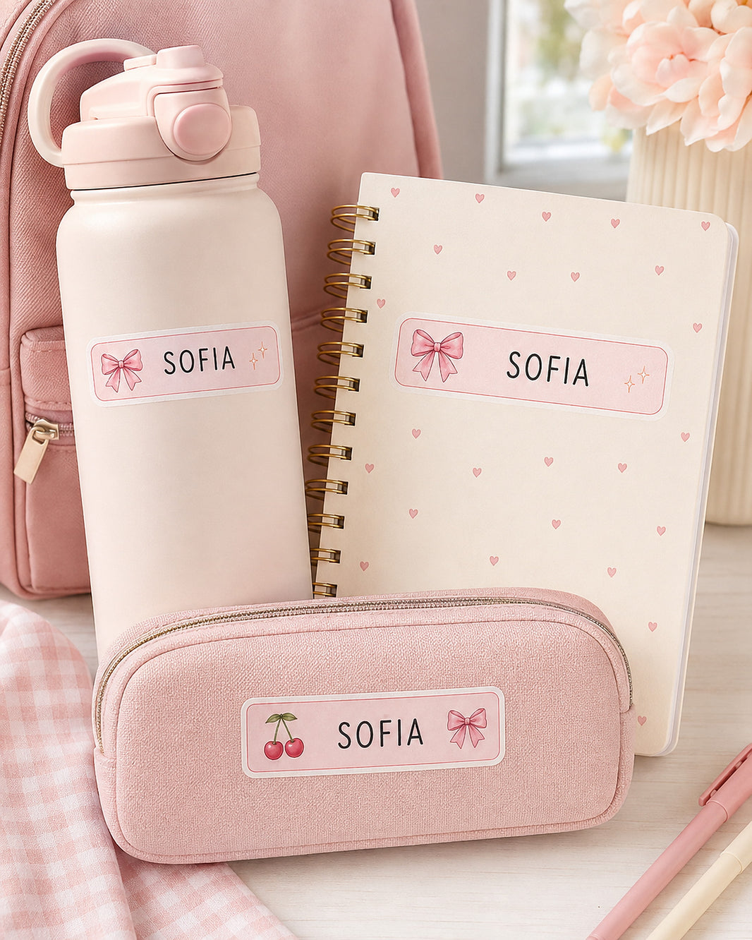 Pink bow and cherry name labels applied to a water bottle, notebook and pencil case