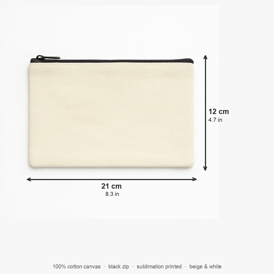 Custom makeup bag size guide — 21cm wide by 12cm high, cotton canvas with black zip