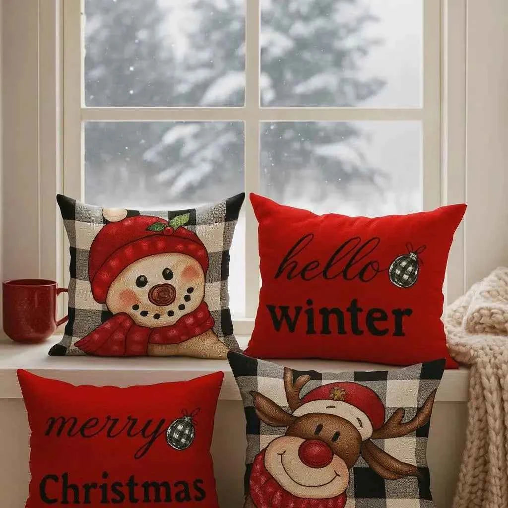 Buffalo Plaid Christmas Cushion Covers Set of 4 | Snowman & Reindeer 18x18 Farmhouse Decor
