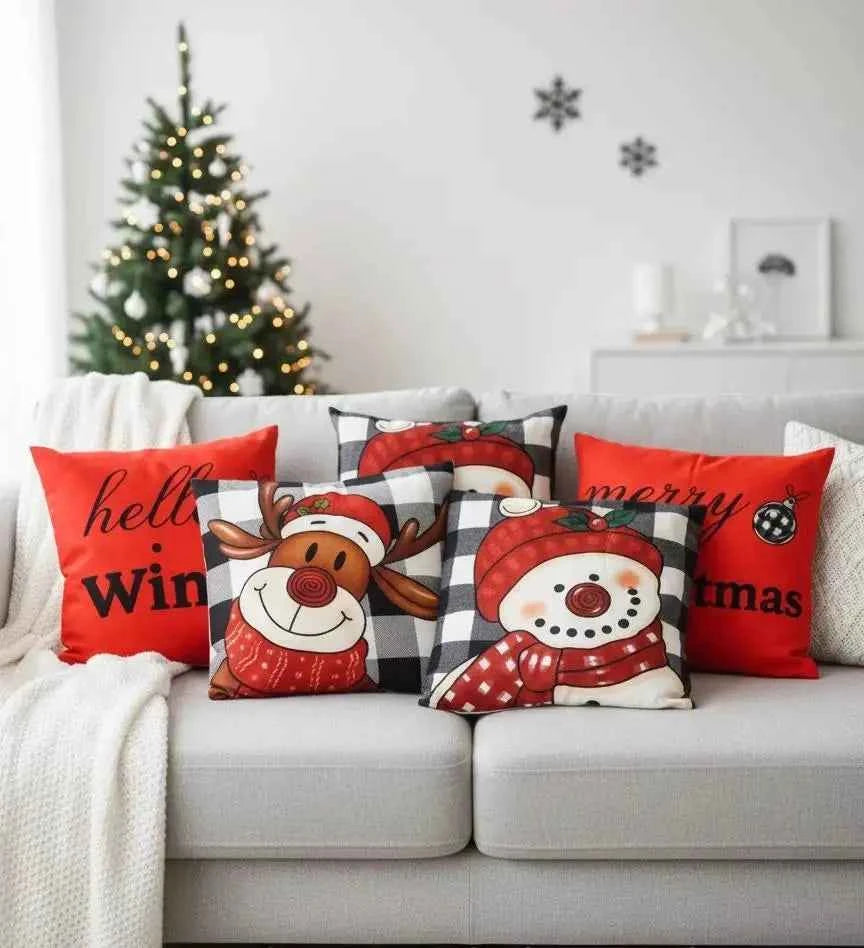 Buffalo Plaid Christmas Cushion Covers Set of 4 | Snowman & Reindeer 18x18 Farmhouse Decor