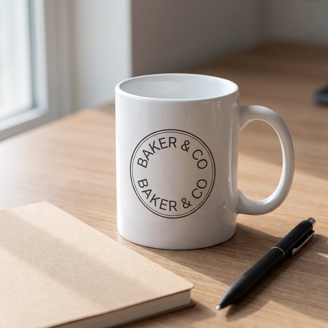 Custom logo mug printed with a circular Baker & Co business mark, on a desk with a notebook and pen