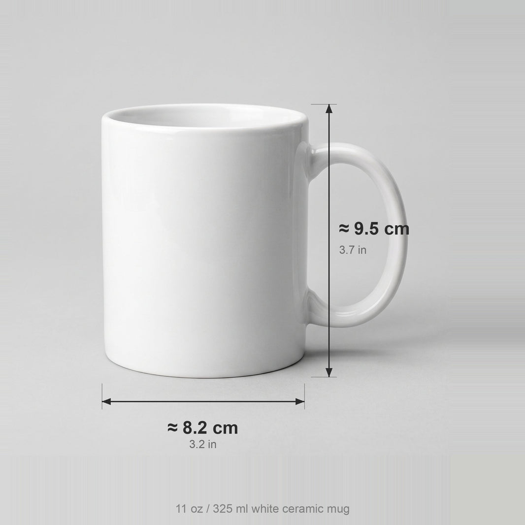 Mug size guide — 11oz / 325 ml ceramic mug, 9.5 cm high, 8.2 cm wide