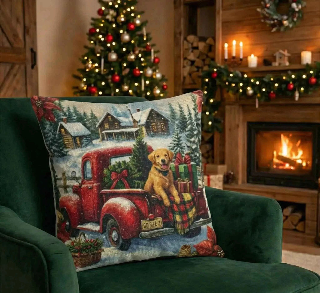 Red Truck & Golden Retriever Christmas Cushion Covers Set of 4 | 14x14 Farmhouse Decor