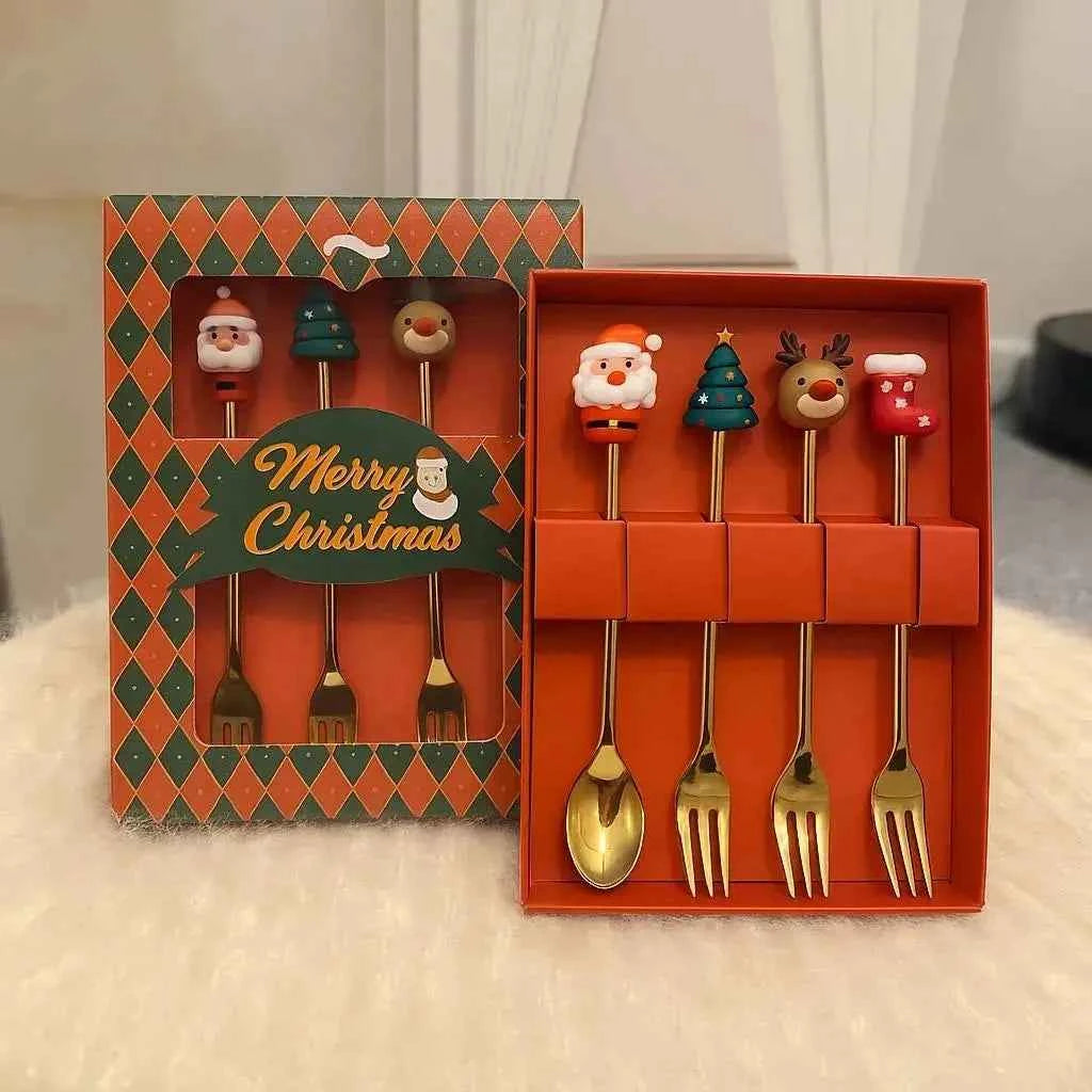 Gold Christmas Cutlery Set | Santa & Reindeer Spoons & Forks 4-Piece Gift
