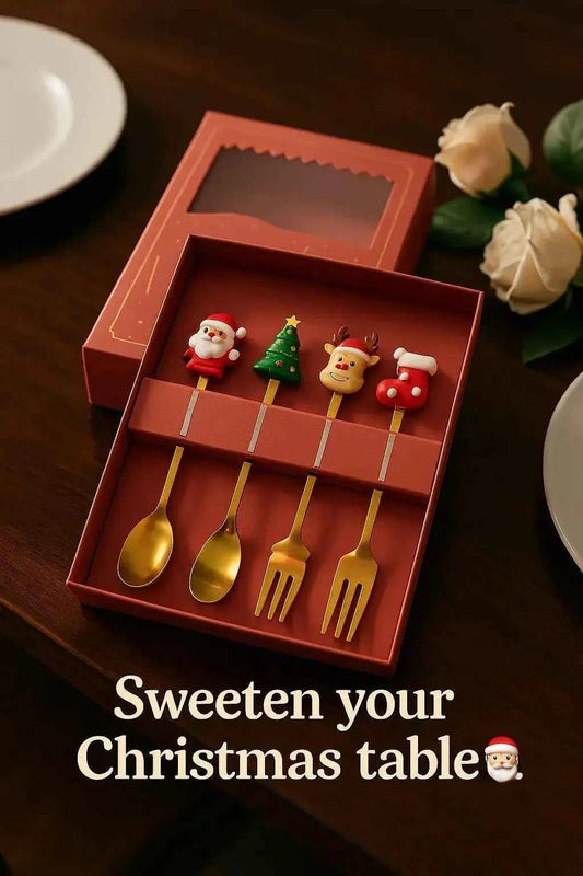 Gold Christmas Cutlery Set | Santa & Reindeer Spoons & Forks 4-Piece Gift