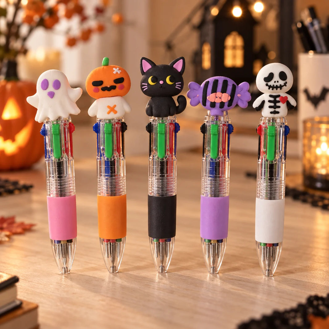 Set of five Halloween four-colour ballpoint pens with ghost, pumpkin, black cat, sweet and skeleton toppers standing on a desk