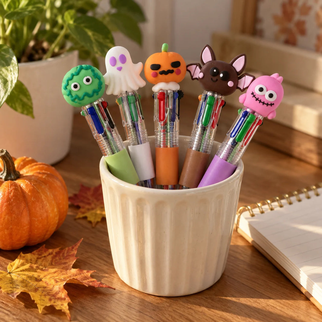Five Halloween character multi-colour pens standing in a ceramic pot beside a pumpkin, autumn leaves and a notebook