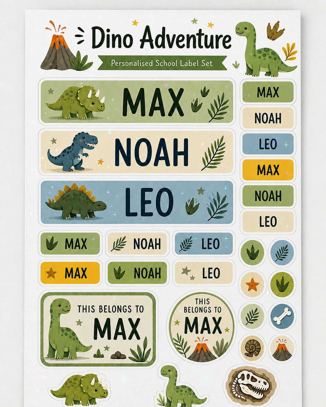 Holographic laminated Dino Adventure name label sheet showing the rainbow shimmer finish