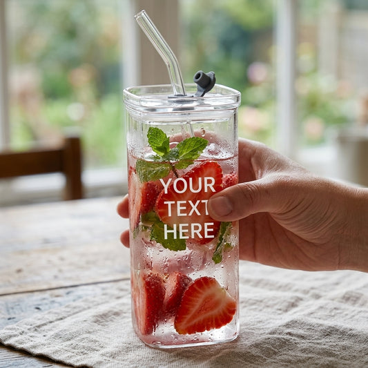 Clear tumbler with strawberries, mint, and a straw held by a hand on a wooden table.
