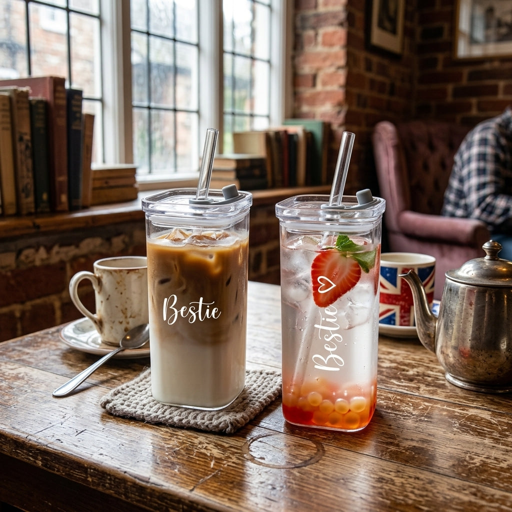Two iced beverages in clear tumblers with 'Bestie' text on a wooden table in a cozy café setting.