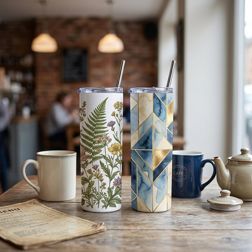 Two personalised 20oz skinny tumblers with straws on a cafe table, matching best friend gift