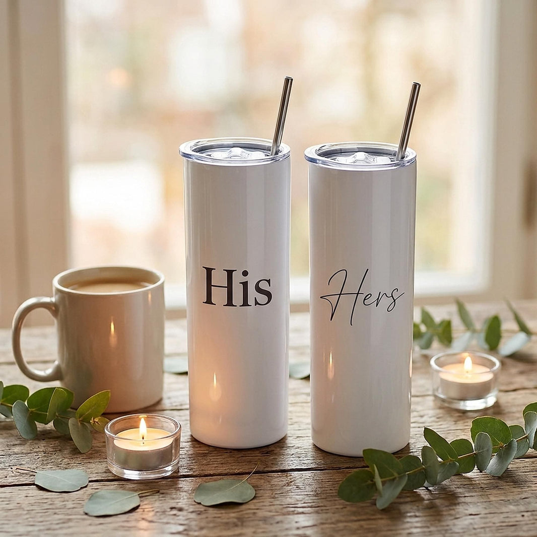 His and Hers personalised skinny tumblers with straws, couples anniversary or wedding gift set