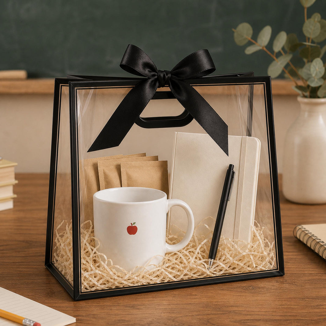 Teacher thank you gift bag idea using the clear presentation bag with a mug, notebook, pen and tea sachets inside