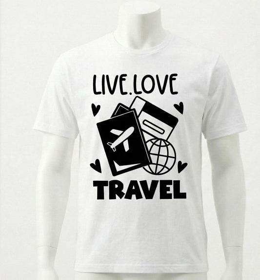 White t-shirt with 'Live Love Travel' design featuring a passport and globe on a white background