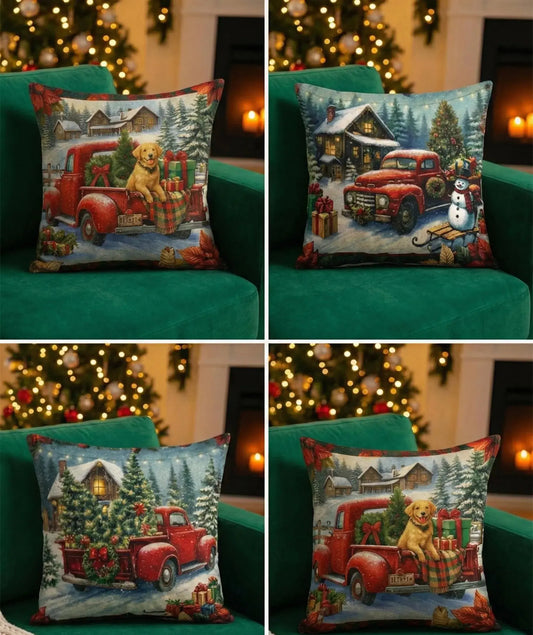 Main view of Red Truck Christmas Pillow Covers featuring Golden Retriever Farmhouse Winter