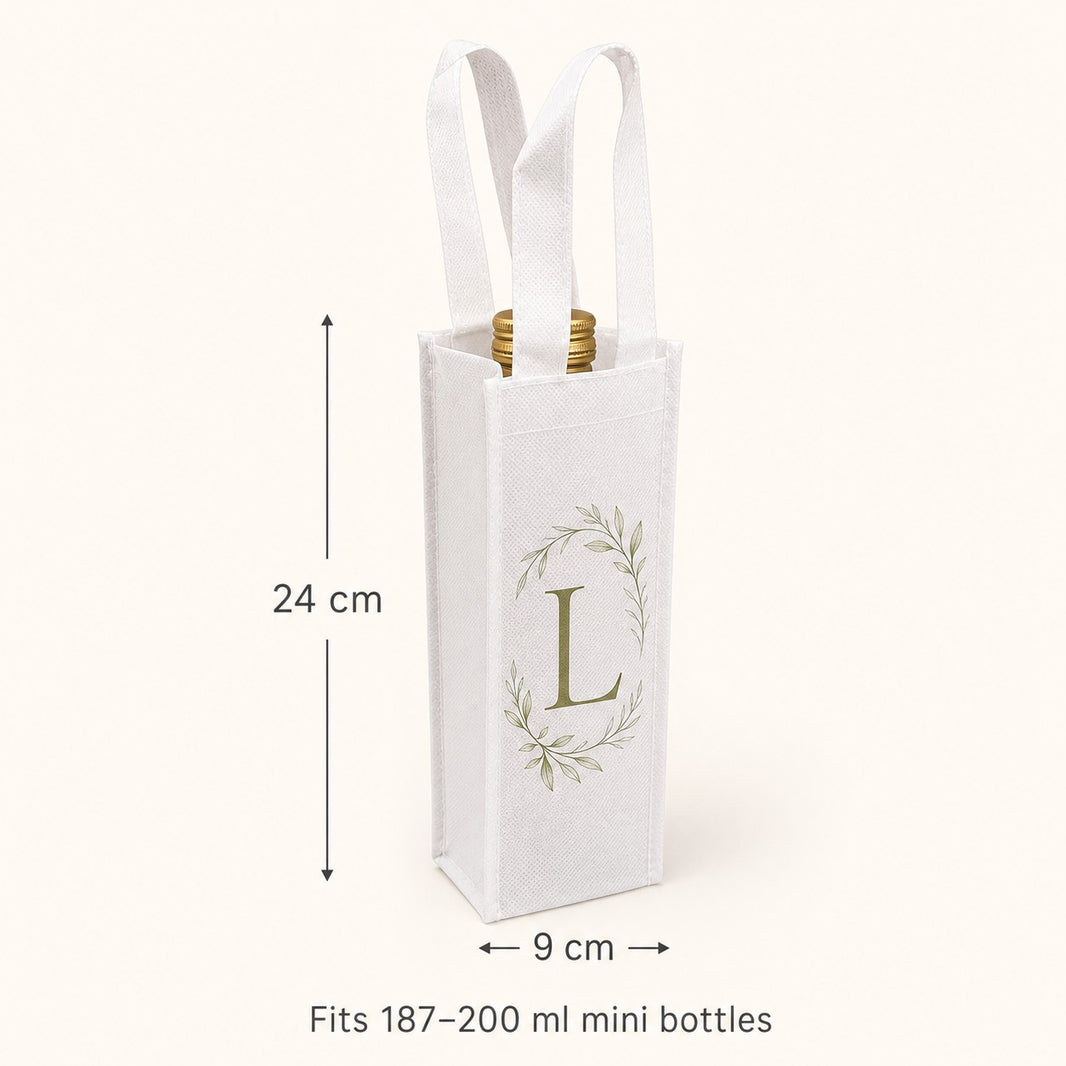 Mini wine bottle bag size guide - 9 cm wide by 24 cm tall, fits 187 to 200 ml miniature bottles