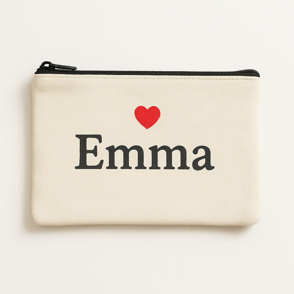 Custom makeup bag — beige cotton canvas pouch with the name Emma and red 3D puff heart