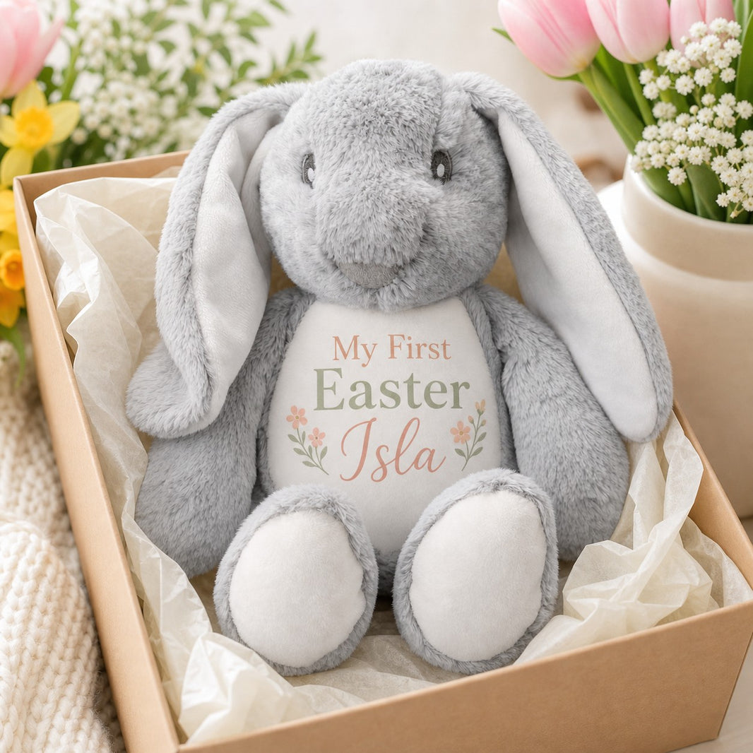 My First Easter personalised bunny plush with the name Isla presented in a gift box with tissue paper