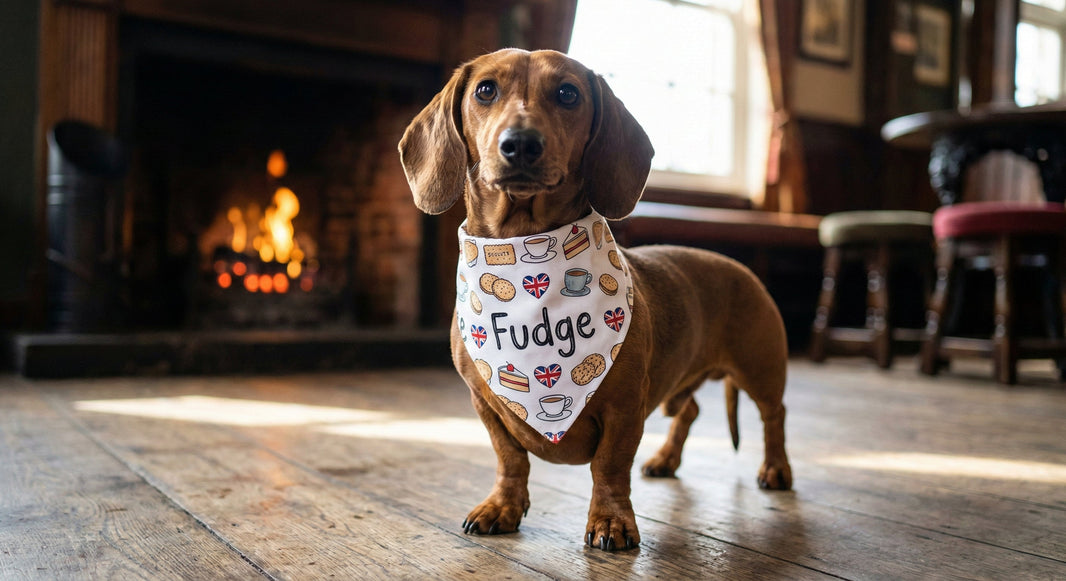 New puppy gift bandana printed Fudge worn by a dachshund by a fireplace