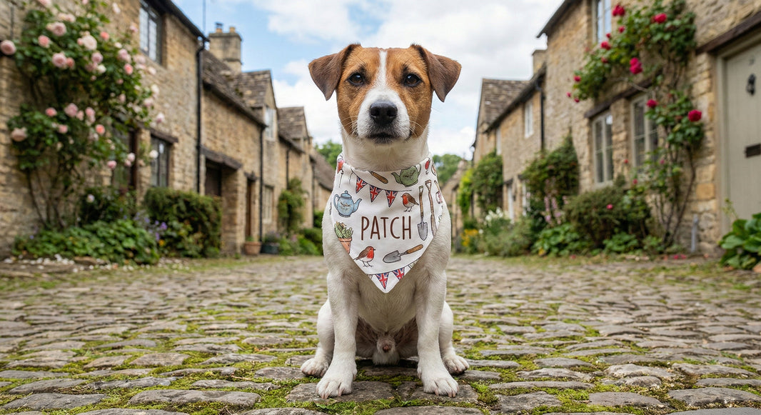 Dog bandana — dog named Patch on a cobblestone street with British houses