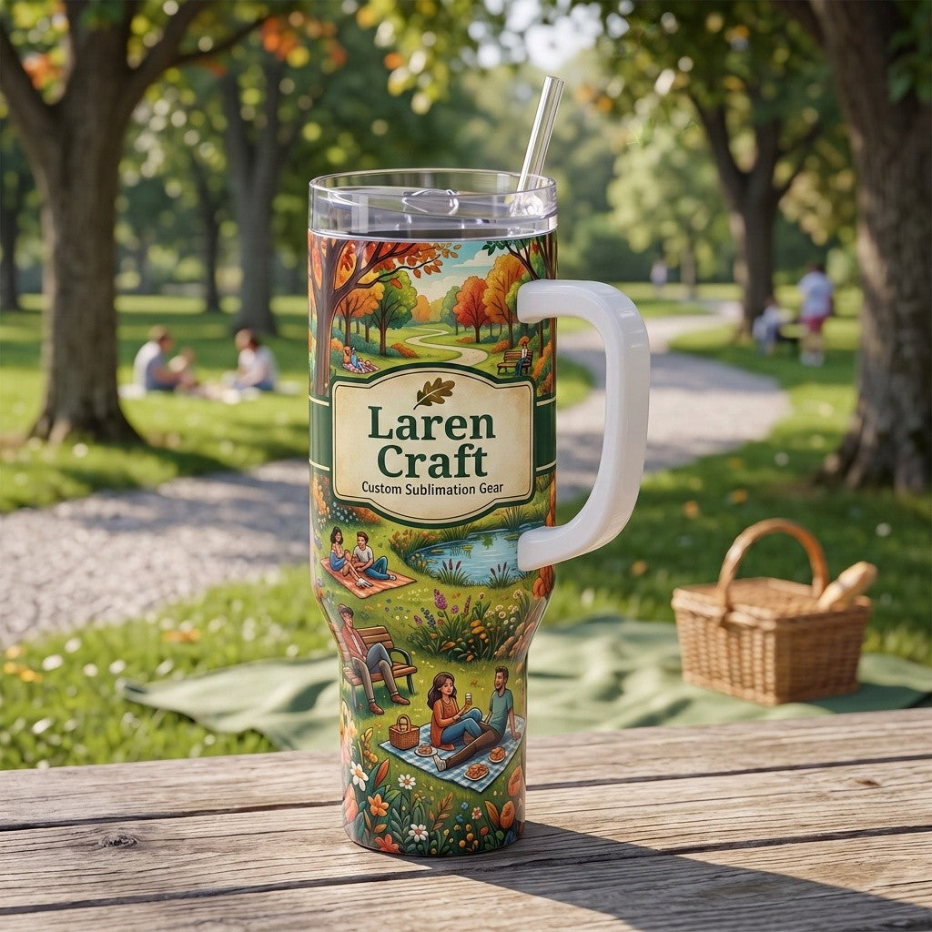 Personalised 40oz tumbler with custom logo and autumn park scene print on a picnic table outdoors