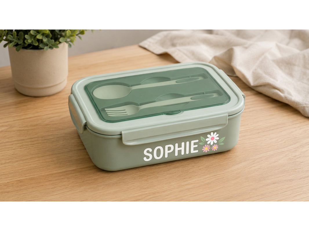 Personalised bento lunch box with the name Sophie and daisy flowers in white vinyl