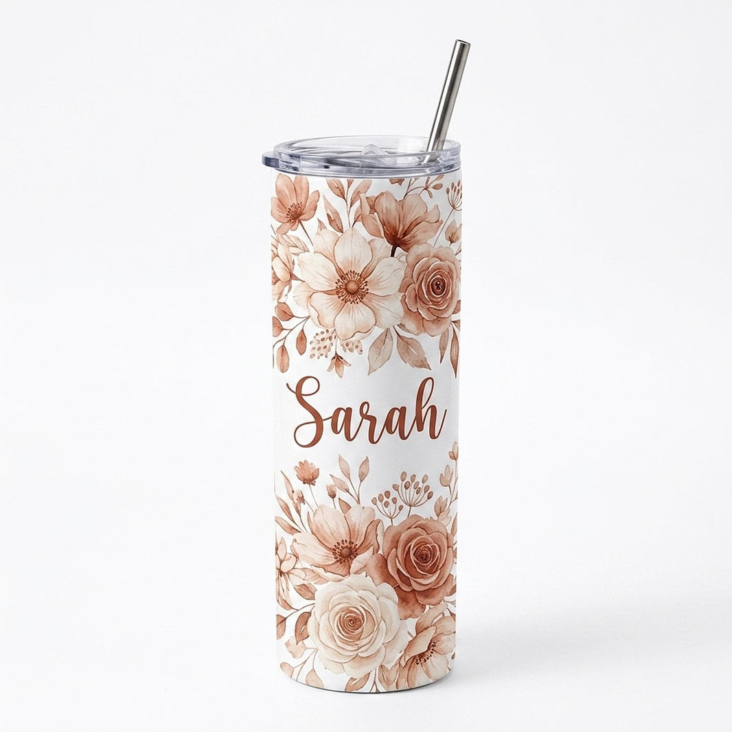 White 20oz tumbler with terracotta watercolour flowers and the name Sarah in script
