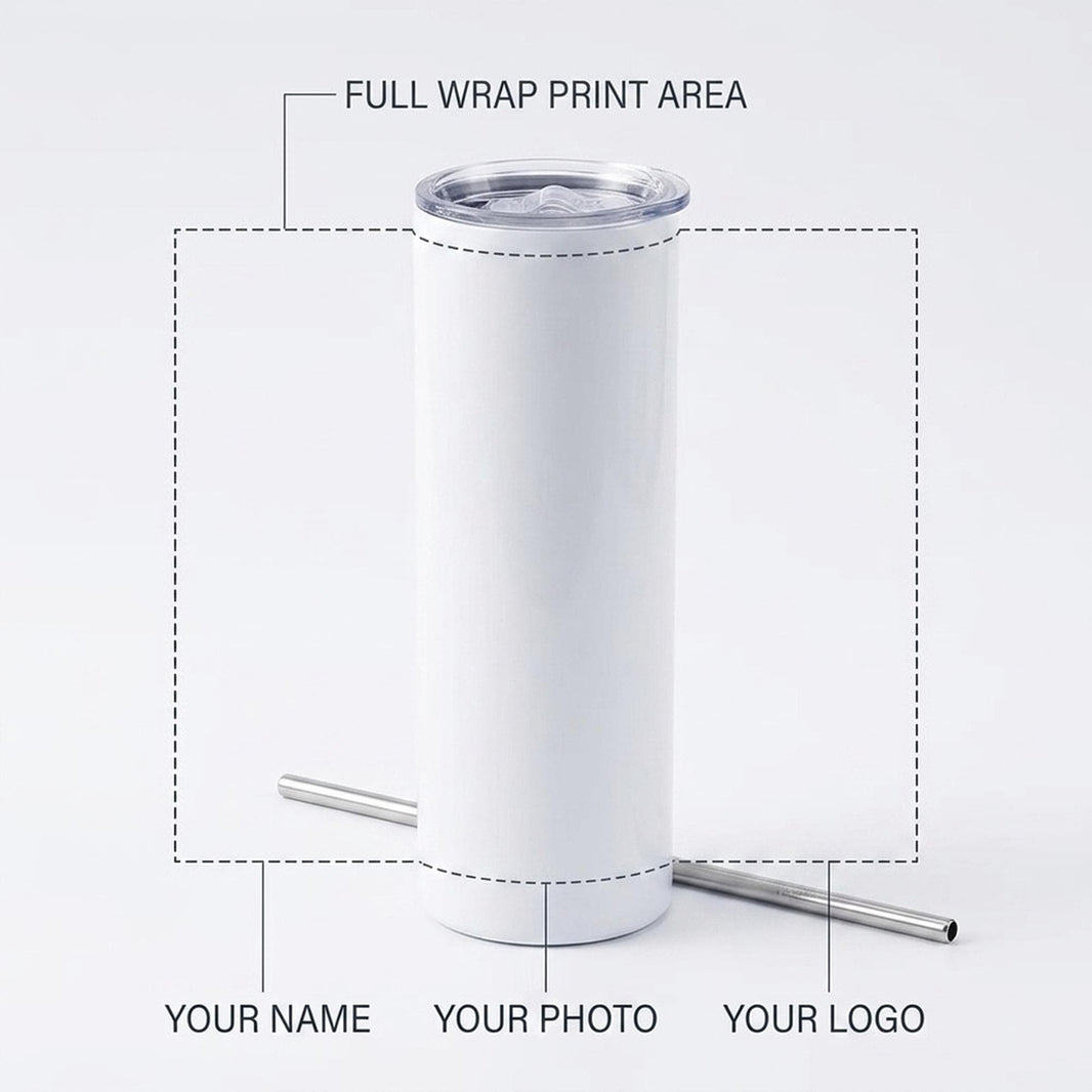 Personalised tumbler print guide — full-wrap area for your name, photo or logo