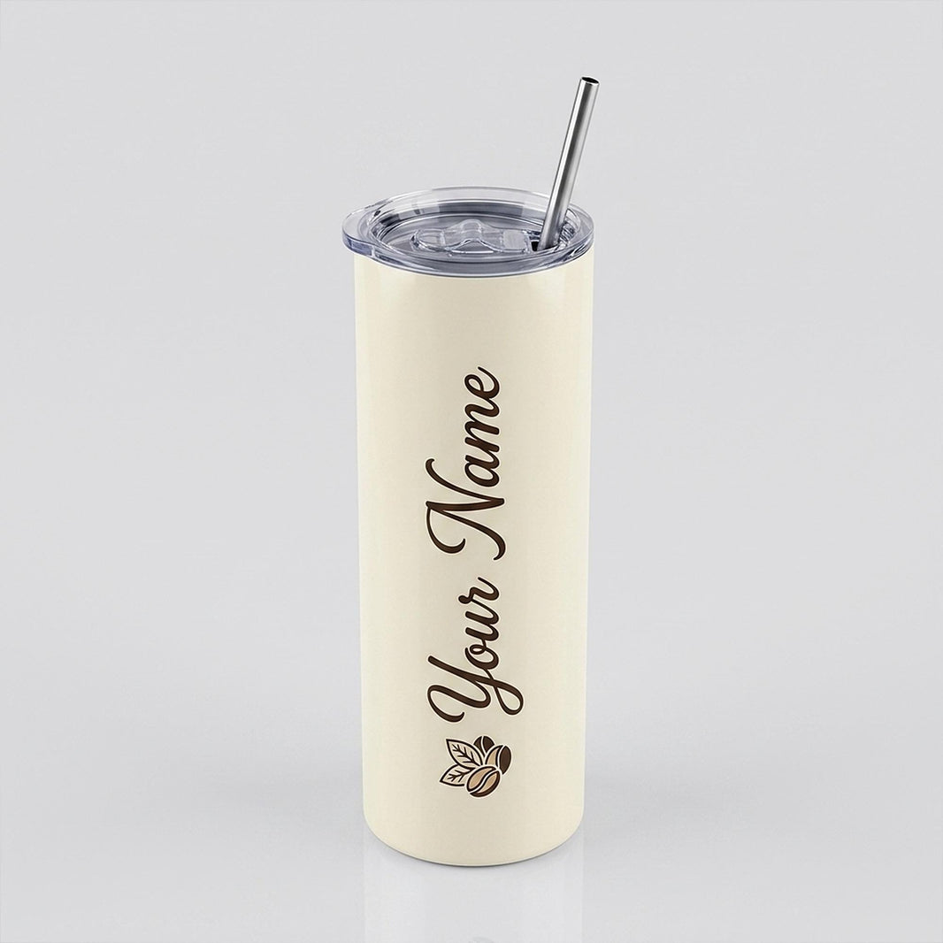 Cream skinny tumbler with flip lid and steel straw, printed Your Name in script