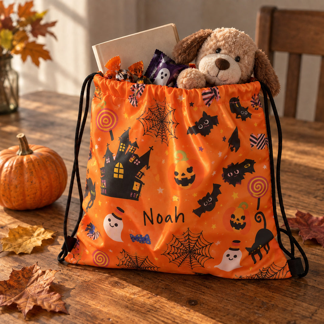 Personalised Noah Halloween treat bag holding sweets, a book and a soft toy to show its size