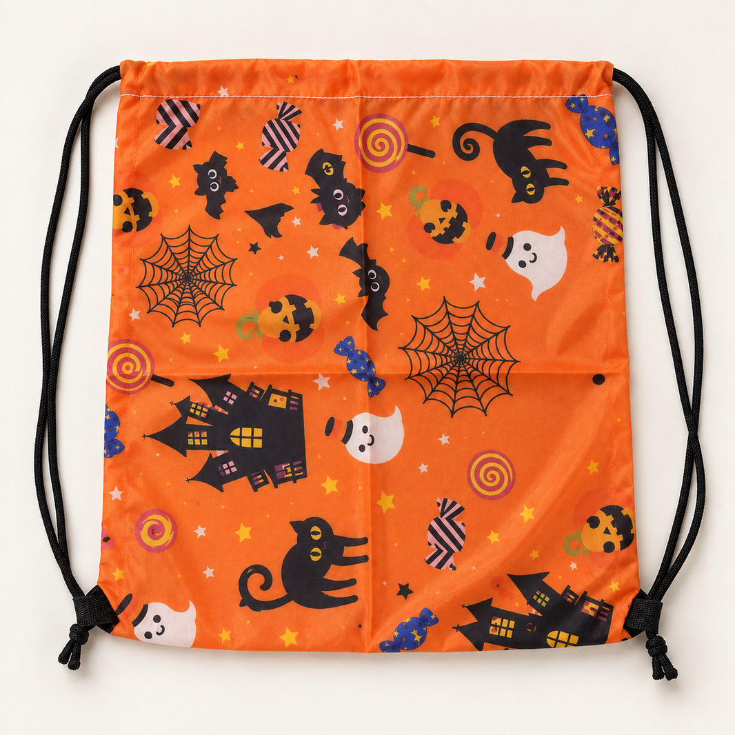 Orange Halloween drawstring bag laid flat showing the ghost, black cat, bat, pumpkin and haunted house print