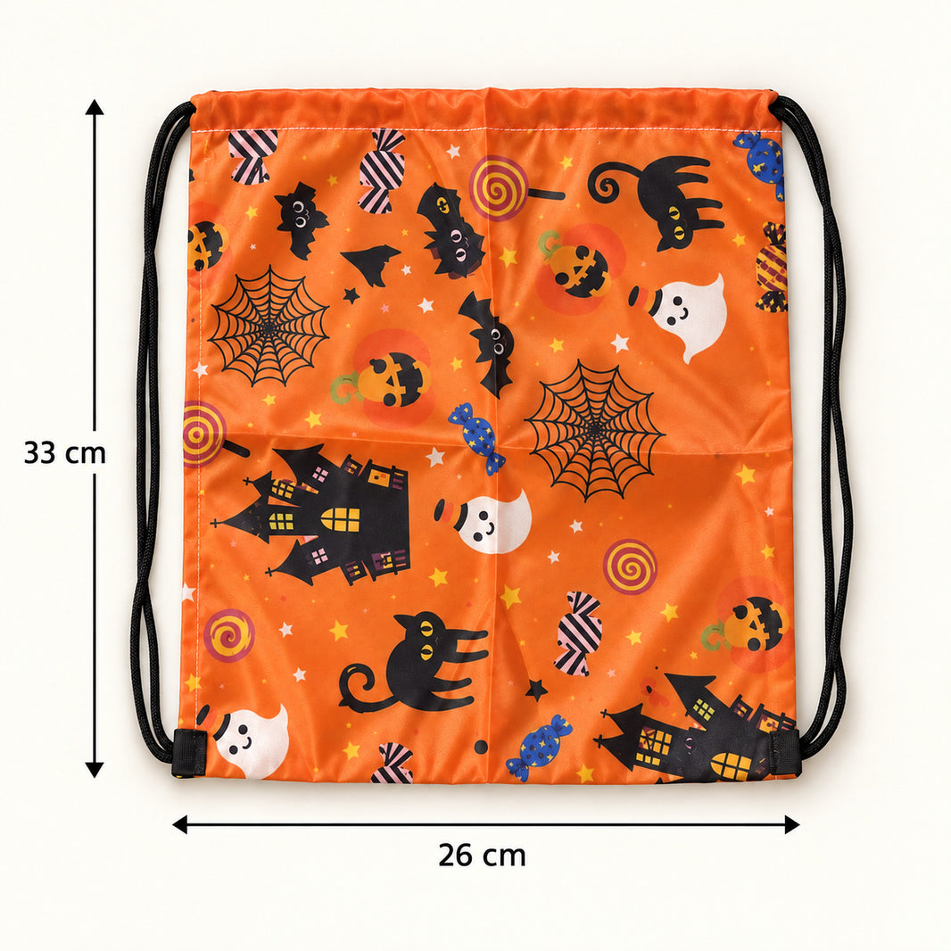 Size guide for the Halloween drawstring bag showing approximately 33 cm high by 26 cm wide