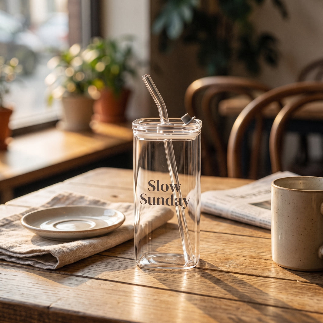 Personalised glass tumbler with a custom quote on a wooden cafe table