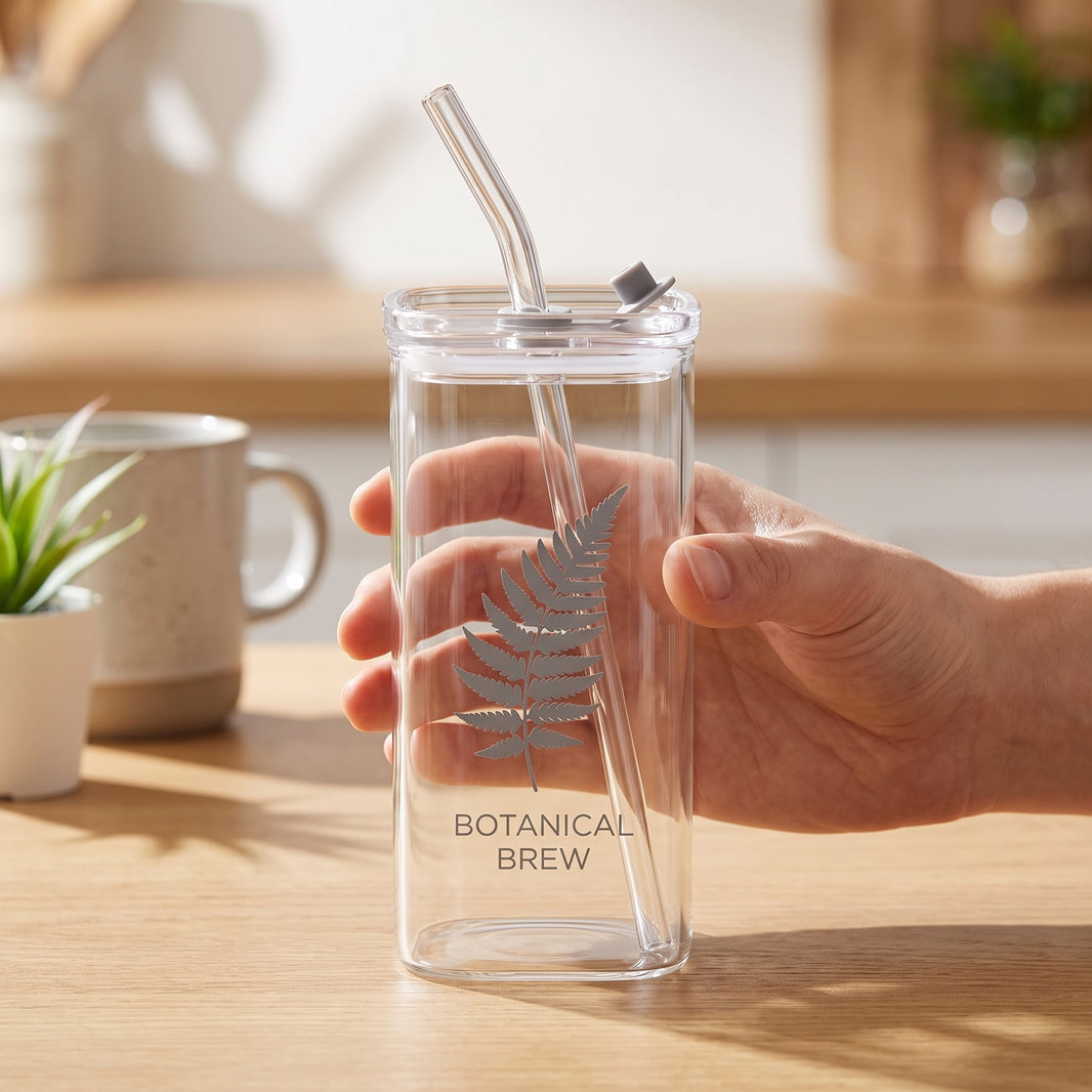 Personalised glass held in hand, showing its slim 13.5 cm borosilicate size