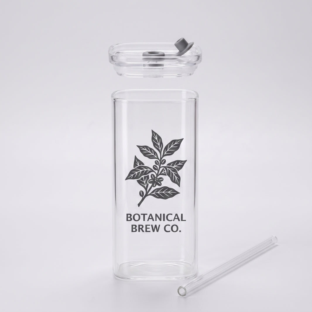Glass with straw — personalised tumbler shown with its lid and reusable glass straw