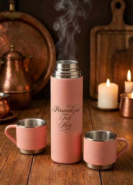 Main view of Personalised Insulated Pink Flask Set with 3 Cups featuring 500ml Customize Your Own Flask