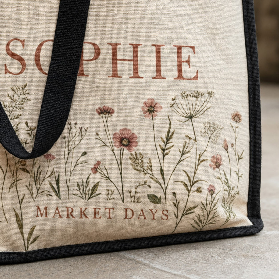 Jute market bag close-up of the wildflower print and personalised name, print quality