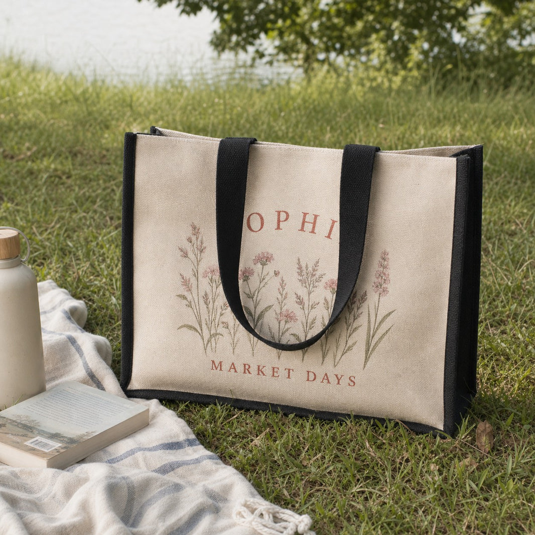 Custom beach bag — personalised jute tote on a picnic blanket in a summer garden