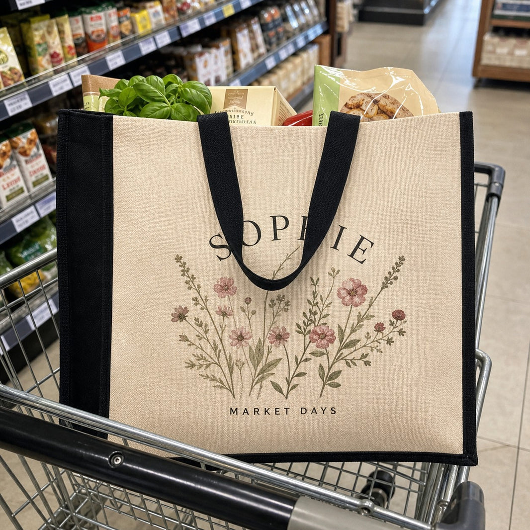 Jute market bag in a supermarket trolley filled with fresh food shopping