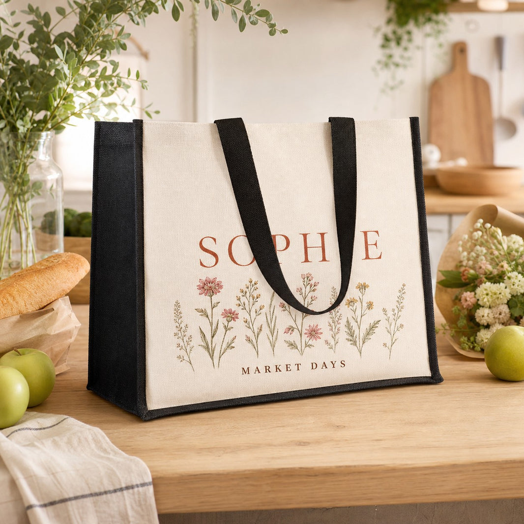 Jute market bag with black trim printed with the name Sophie and vintage wildflowers