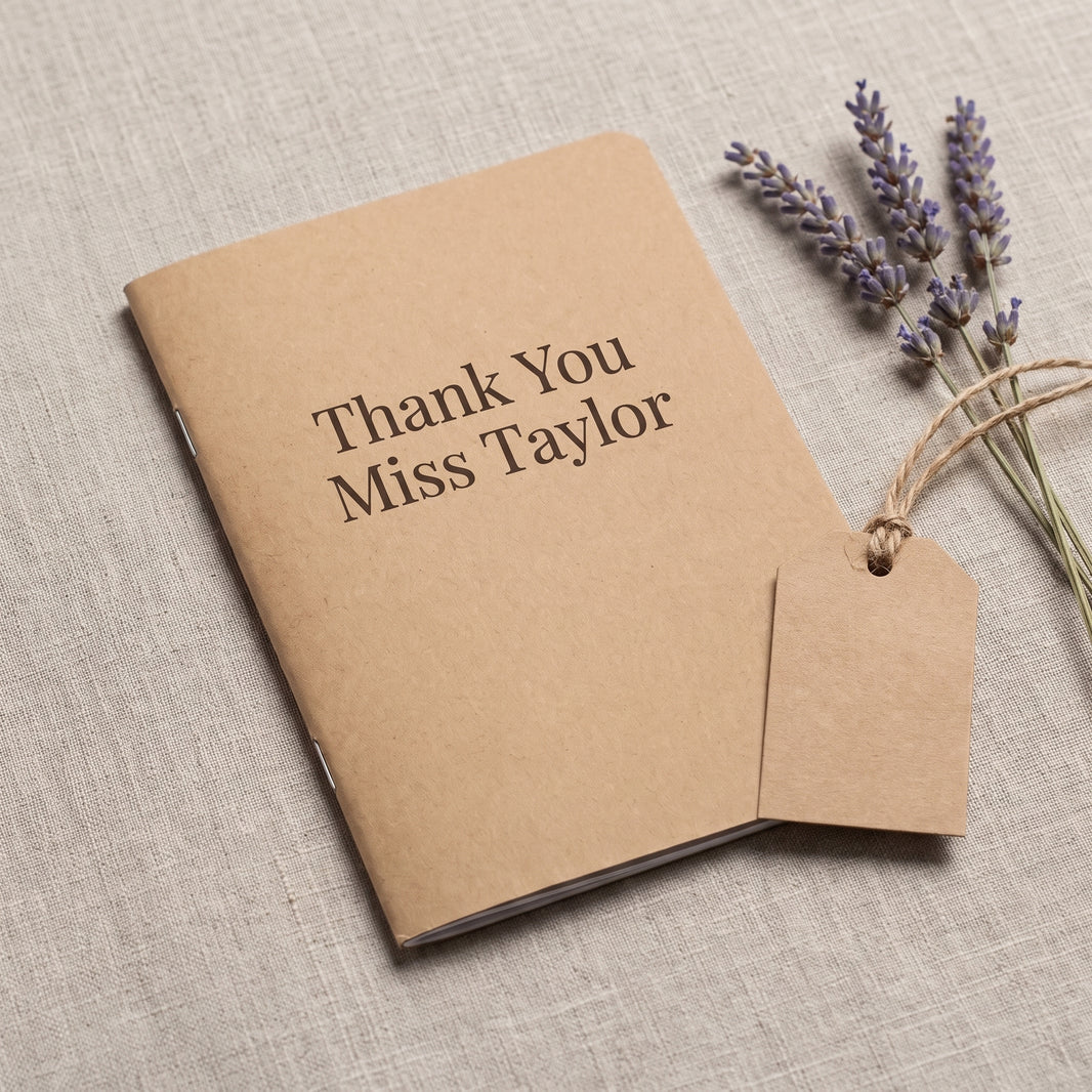 Personalised notebook styled as a gift with a kraft tag and dried flowers on linen