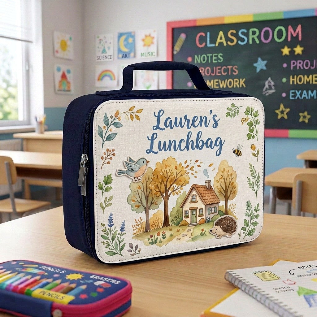 Personalised lunch bag printed Lauren's Lunchbag with autumn woodland cottage design